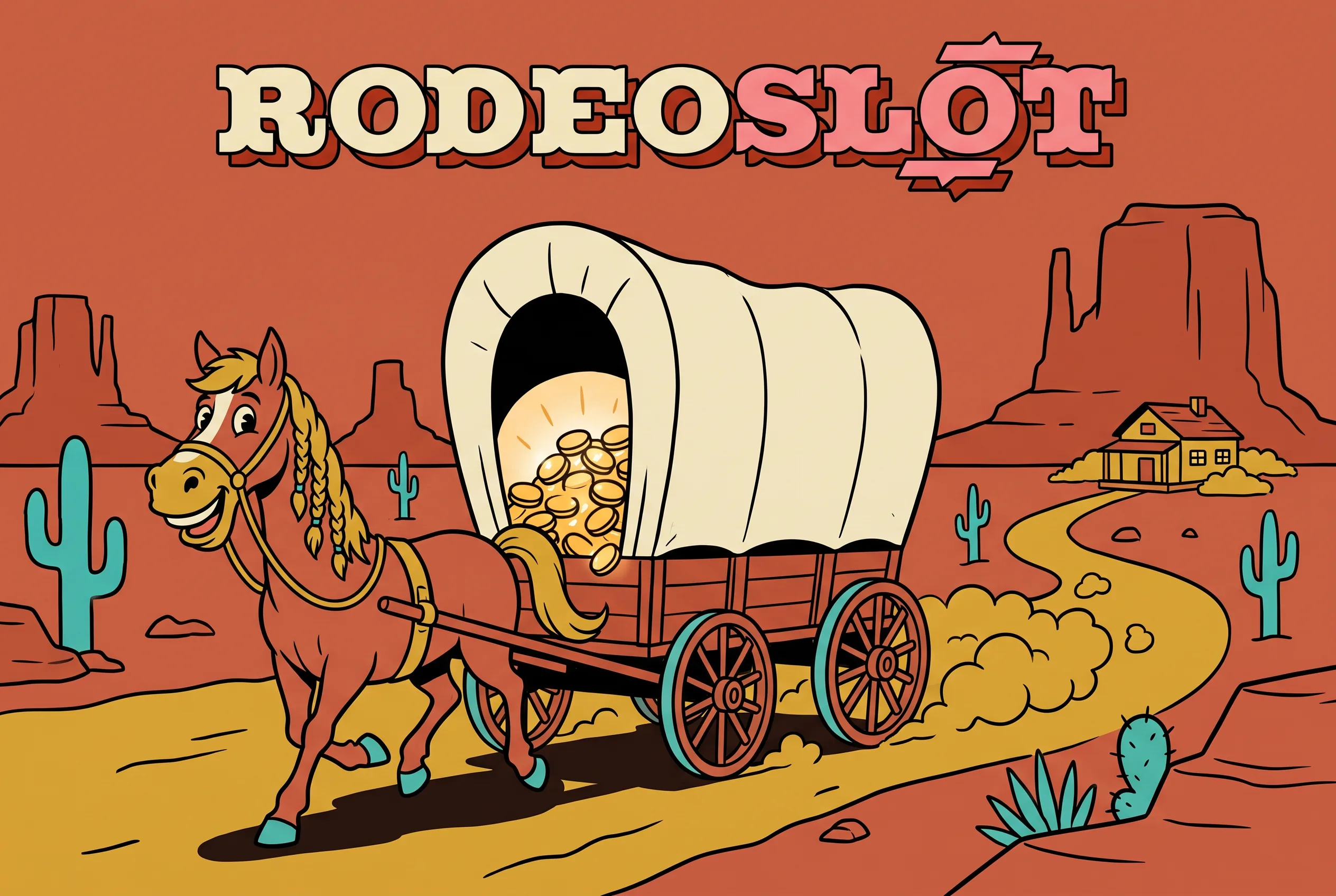 Rodeo Slots payments illustrated by a wagon carrying gold coins