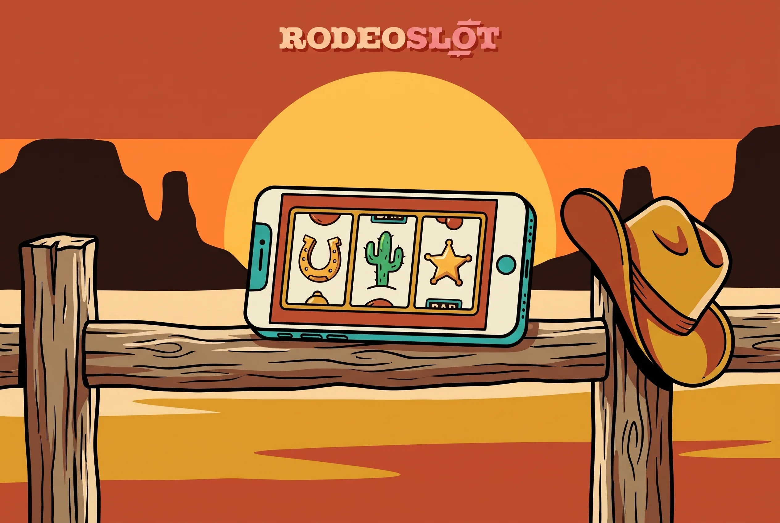 Rodeo Slots browser game on a phone beside a cowboy hat